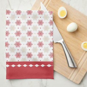 Red Border Snowflake Pattern Holiday Tea Towel