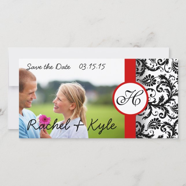 Red Borders Black and White Damask Save The Date (Front)