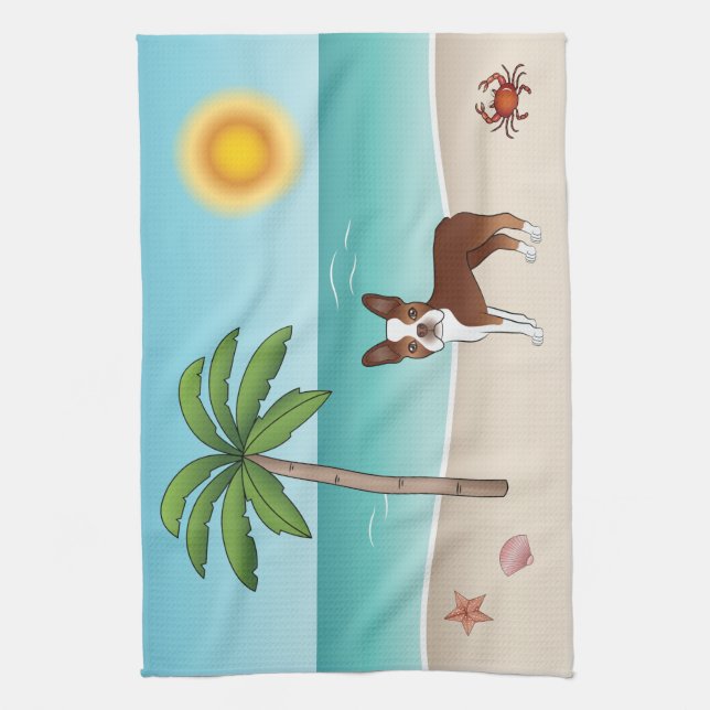 Red Boston Terrier At A Tropical Summer Beach Tea Towel (Vertical)