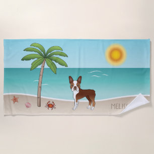 Red Boston Terrier At A Tropical Summer Beach - Towel