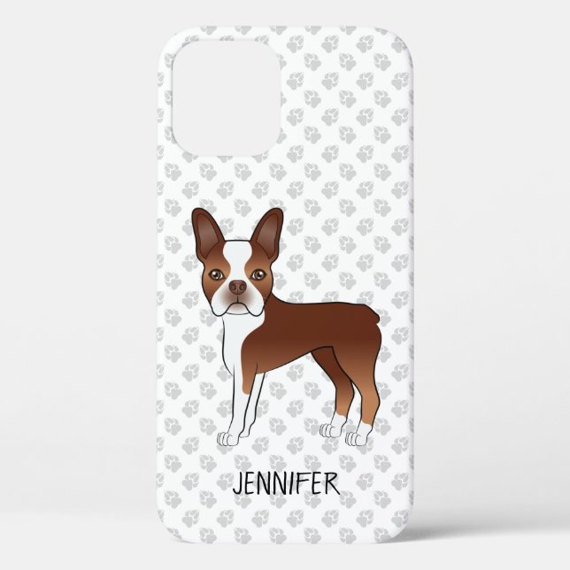 Red Boston Terrier Cartoon Dog & Custom Name Case-Mate iPhone Case (Back)