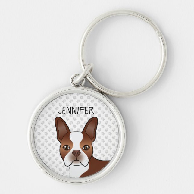 Red Boston Terrier Cartoon Dog Head & Your Name Key Ring (Front)