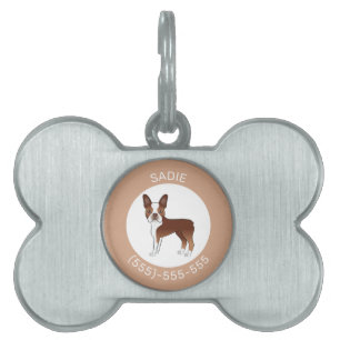 Red Boston Terrier Cartoon Dog & Name And Number Pet ID Tag