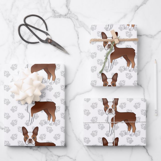 Red Boston Terrier Cartoon Dog Pattern & Grey Paws Wrapping Paper Sheet (Front)