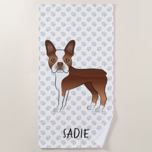 Red Boston Terrier Cartoon Dog & Personalised Name Beach Towel