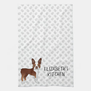 Red Boston Terrier Cartoon Dog & Your Custom Text Tea Towel
