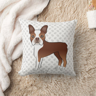 Red Boston Terrier Cute Cartoon Dog Drawing & Paws Cushion