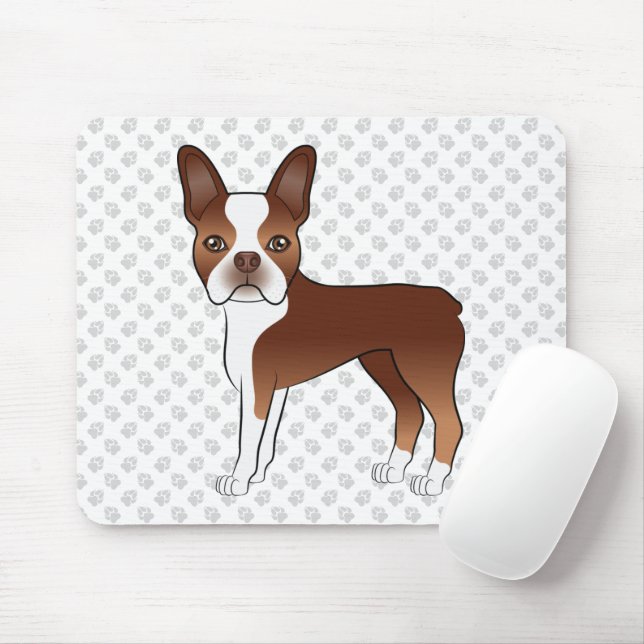 Red Boston Terrier Cute Cartoon Dog Drawing & Paws Mouse Mat (With Mouse)