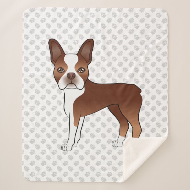 Red Boston Terrier Cute Cartoon Dog & Grey Paws Sherpa Blanket (Front)