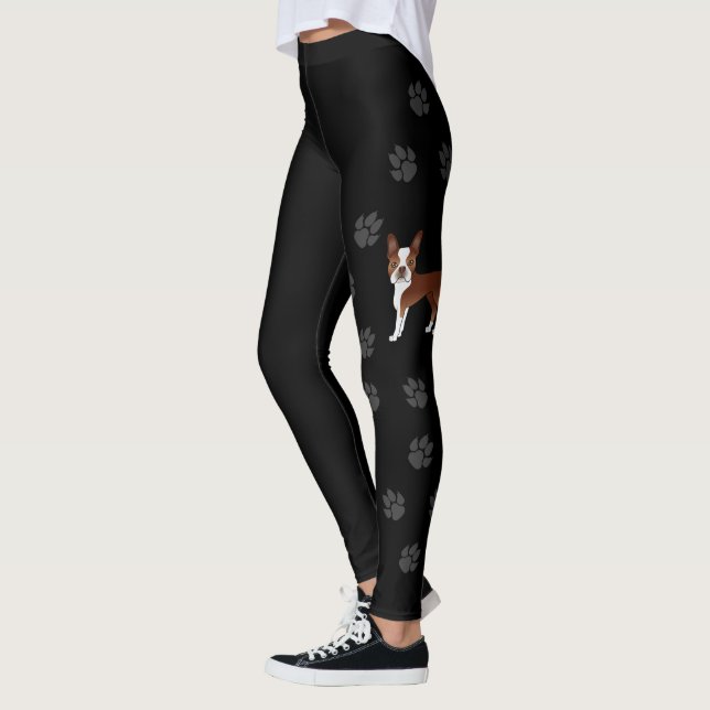 Red Boston Terrier Cute Cartoon Dog & Paws Black Leggings (Left)