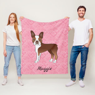Red Boston Terrier Dog On Pink Hearts And Name Fleece Blanket