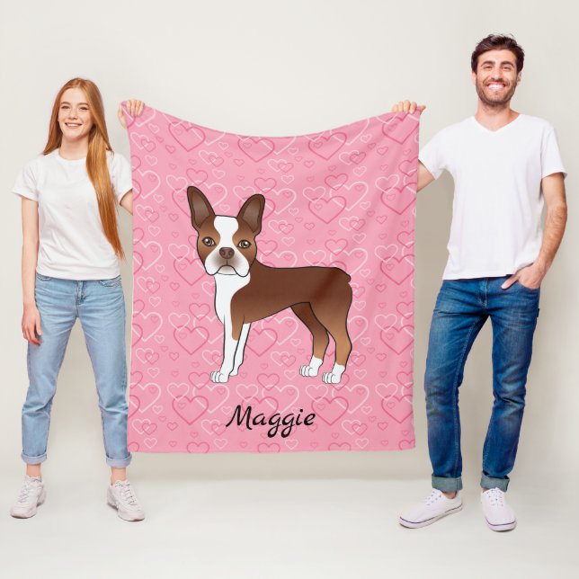 Red Boston Terrier Dog On Pink Hearts And Name Fleece Blanket (In Situ)