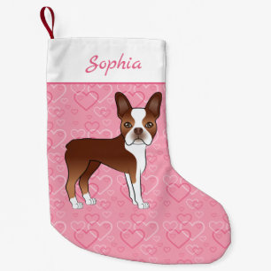 Red Boston Terrier Dog On Pink Hearts And Name Small Christmas Stocking