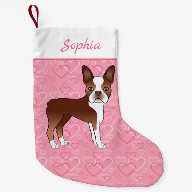 Red Boston Terrier Dog On Pink Hearts And Name Small Christmas Stocking (Front)