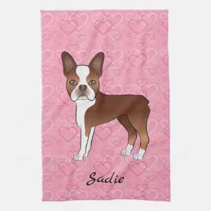 Red Boston Terrier Dog On Pink Hearts And Name Tea Towel