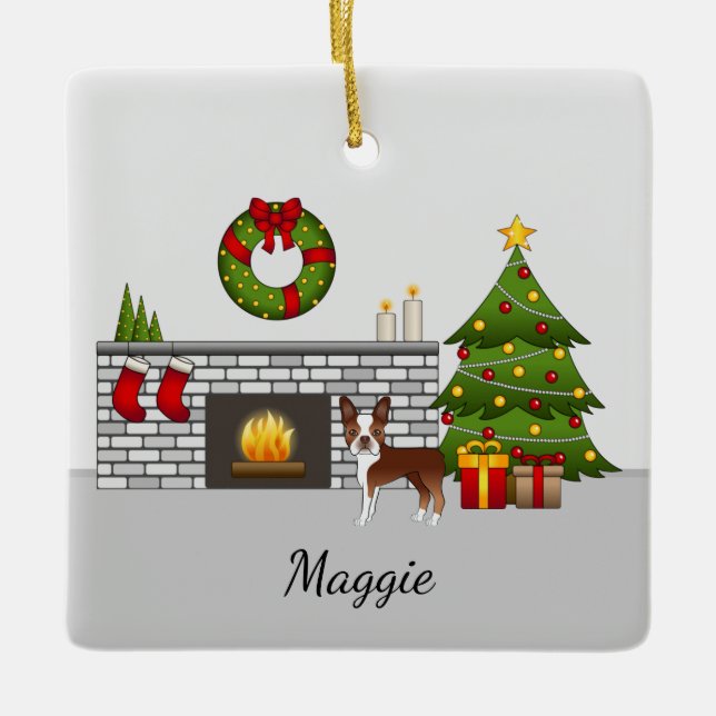 Red Boston Terrier In A Festive Christmas Room Ceramic Ornament (Front)