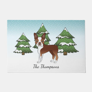 Red Boston Terrier In A Winter Forest & Name Doormat