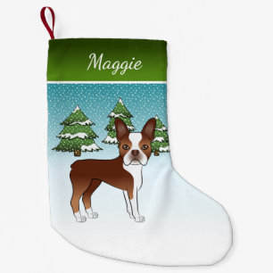 Red Boston Terrier In A Winter Forest & Name Small Christmas Stocking