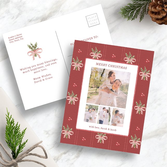 Red Botanical Christmas Photo Postcard (Vintage Botanical Photo Christmas Postcard Watercolor Holly & Red Bow Design by Painted Paperie)