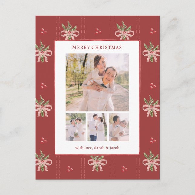 Red Botanical Christmas Photo Postcard (Front)