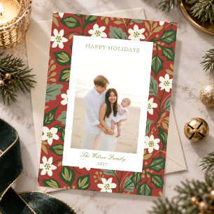 Red Botanical Folk Floral Christmas Family Photo Holiday Card