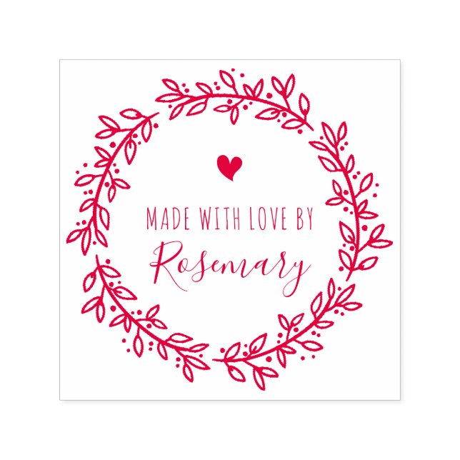 Red Botanical Wreath Made With Love By Self-inking Stamp (Design)
