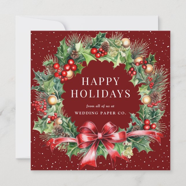 Red Botanical Wreath Snow Business Holiday Card (Front)