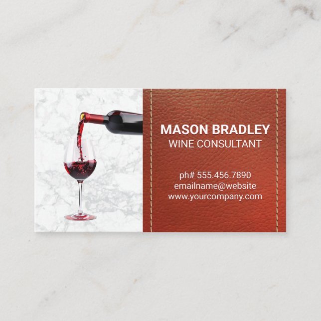 Red Bottle of Wine Pour | Leather Stitch Business Card (Front)