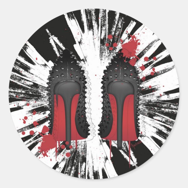Red bottoms stilettos shoes high heels & spatters classic round sticker (Front)
