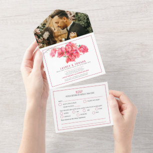 Red bougainvillea watercolor wedding RSVP options All In One Invitation
