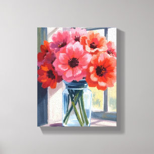 Red Bouquet Flowers Vase Watercolor Painting Canvas Print