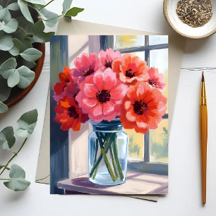 Red Bouquet Flowers Vase Watercolor Painting Postcard