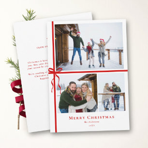 Red Bow 3-Photo Collage Modern Family Christmas Holiday Card