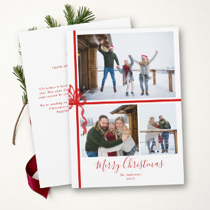 Red Bow 3-Photo Collage Whimsical Family Christmas Holiday Card