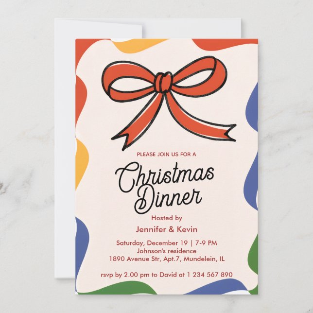 Red Bow Abstract Modern Christmas DinnerInvitation Holiday Card (Front)