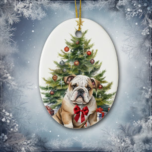 Red Bow Adorable Bulldog Christmas Ceramic Tree Decoration