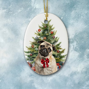Red Bow Adorable Pug Dog Christmas Ceramic Tree Decoration