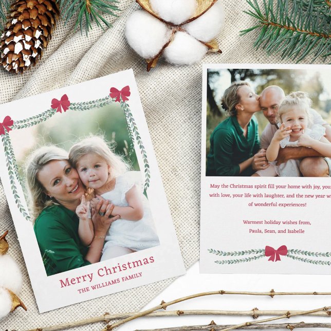Red Bow-Adorned Garland Merry Christmas Photo Holiday Card (Creator Uploaded)