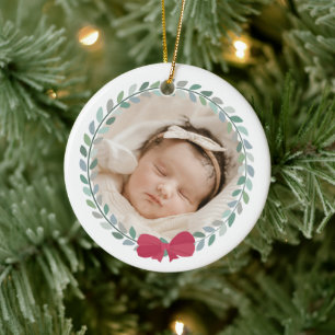 Red Bow-Adorned Wreath Baby's First Christmas Ceramic Tree Decoration