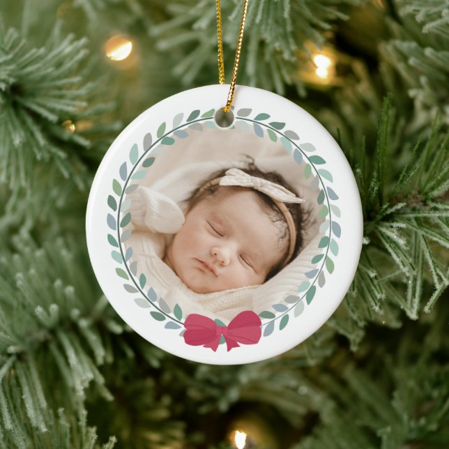 Red Bow-Adorned Wreath Baby's First Christmas Ceramic Tree Decoration (Tree)