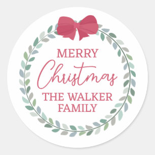 Red Bow-Adorned Wreath Merry Christmas Classic Round Sticker