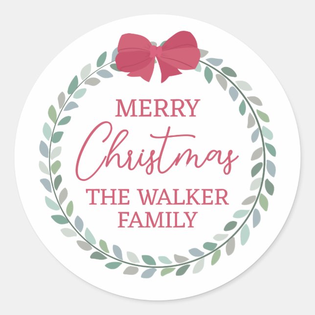 Red Bow-Adorned Wreath Merry Christmas Classic Round Sticker (Front)
