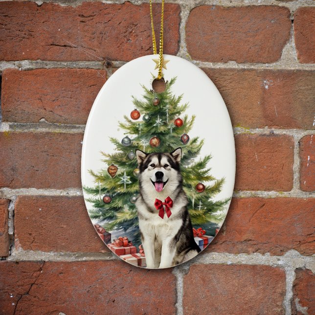 Red Bow Alaskan Malamute Dog Christmas Ceramic Tree Decoration (Creator Uploaded)