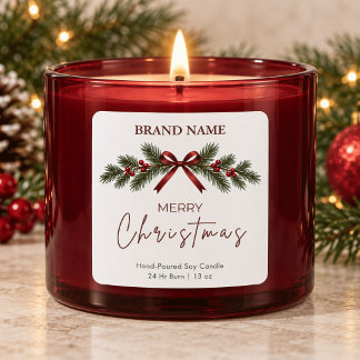 Red Bow and Evergreen Merry Christmas Candle Label