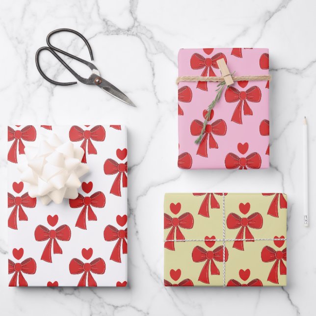 Red Bow and Heart Pattern Wrapping Paper Sheet (Front)