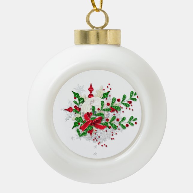 Red Bow And Holly Ceramic Ball Christmas Ornament (Front)