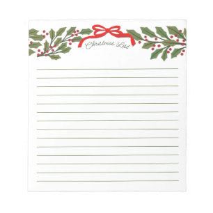 Red Bow and Holly Garland Christmas List Notepad