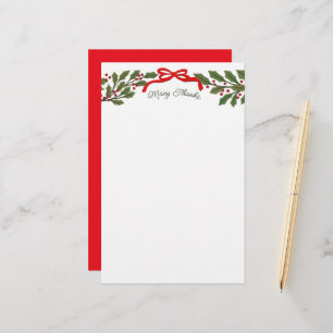 Red Bow and Holly Garland Christmas Stationery