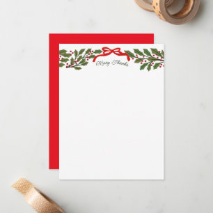 Red Bow and Holly Garland Christmas Stationery Card