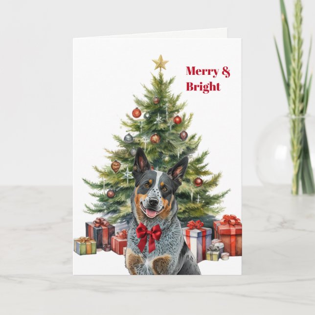 Red Bow Australian Cattle Dog Christmas Tree Card (Front)